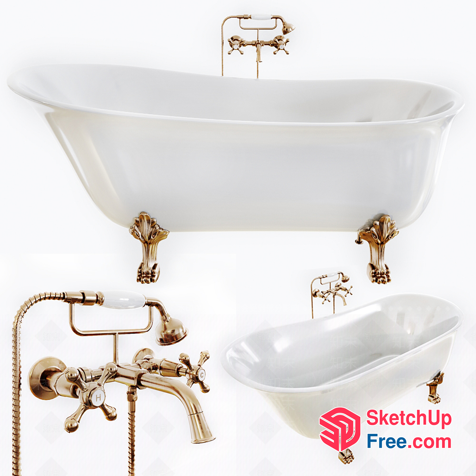 Classic White Clawfoot Bathtub With Gold Fixtures 3D SketchUp File