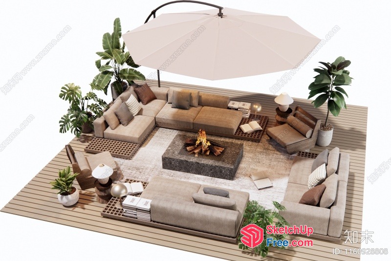 Cozy Outdoor Patio With L-Shaped Sofa And Fire Pit 3D SketchUp File