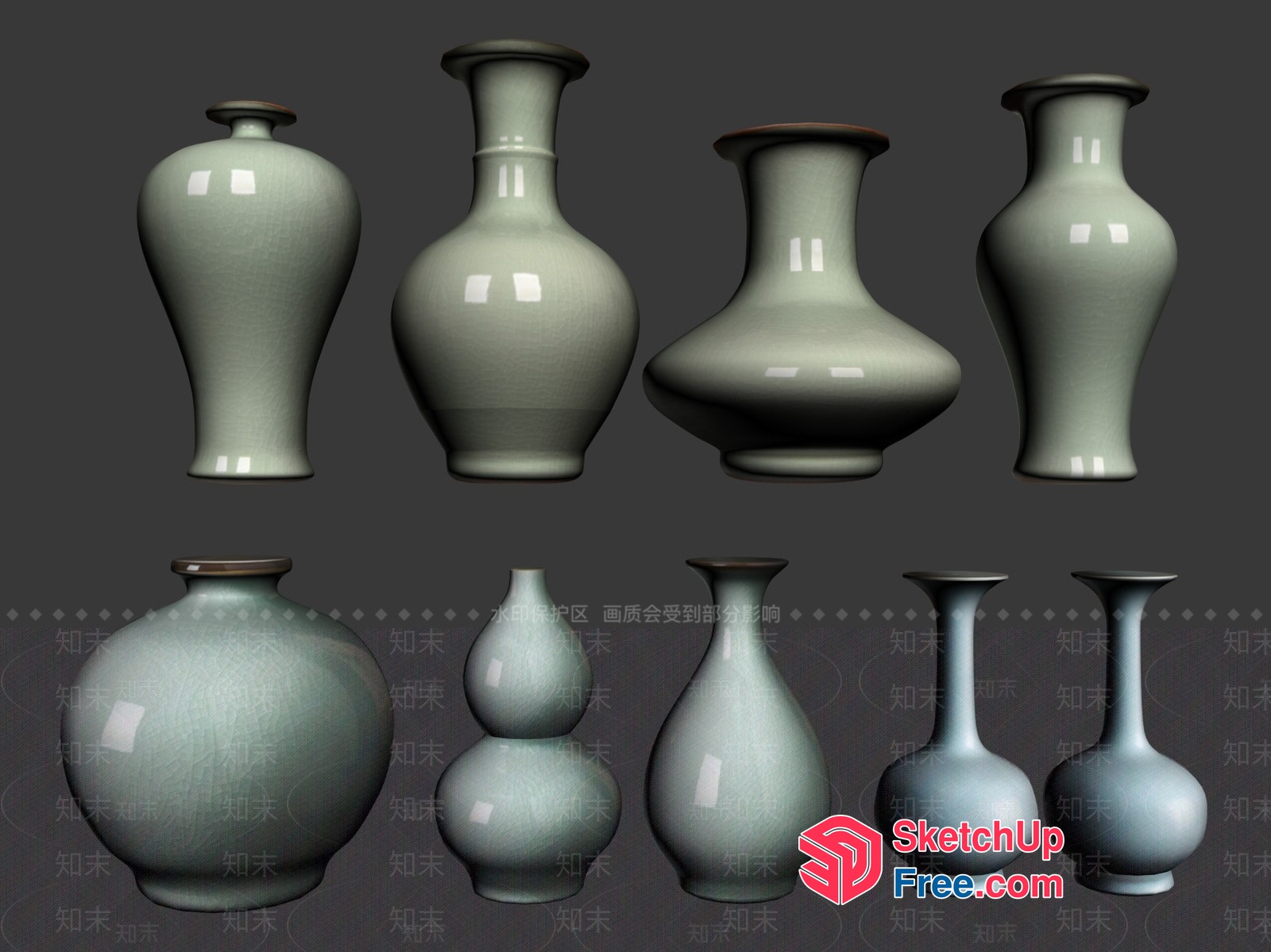 Elegant Chinese Vases In Soft Green And Blue 3D SketchUp File