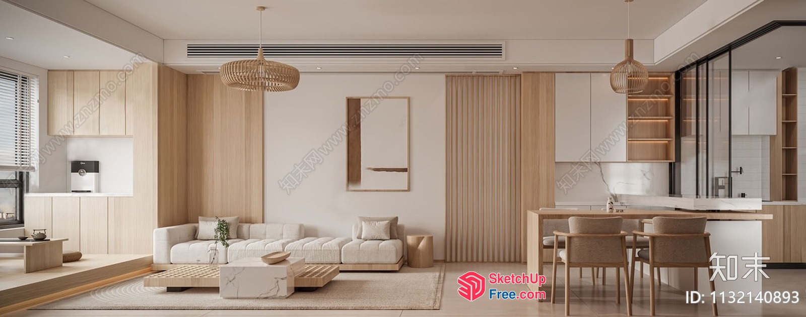 Minimalist Japanese Style Living Room With Natural Wood Accents 3D SketchUp File