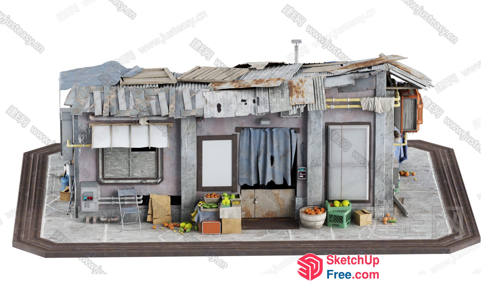 Dilapidated Exterior Building With Fruit Stalls 3D SketchUp File