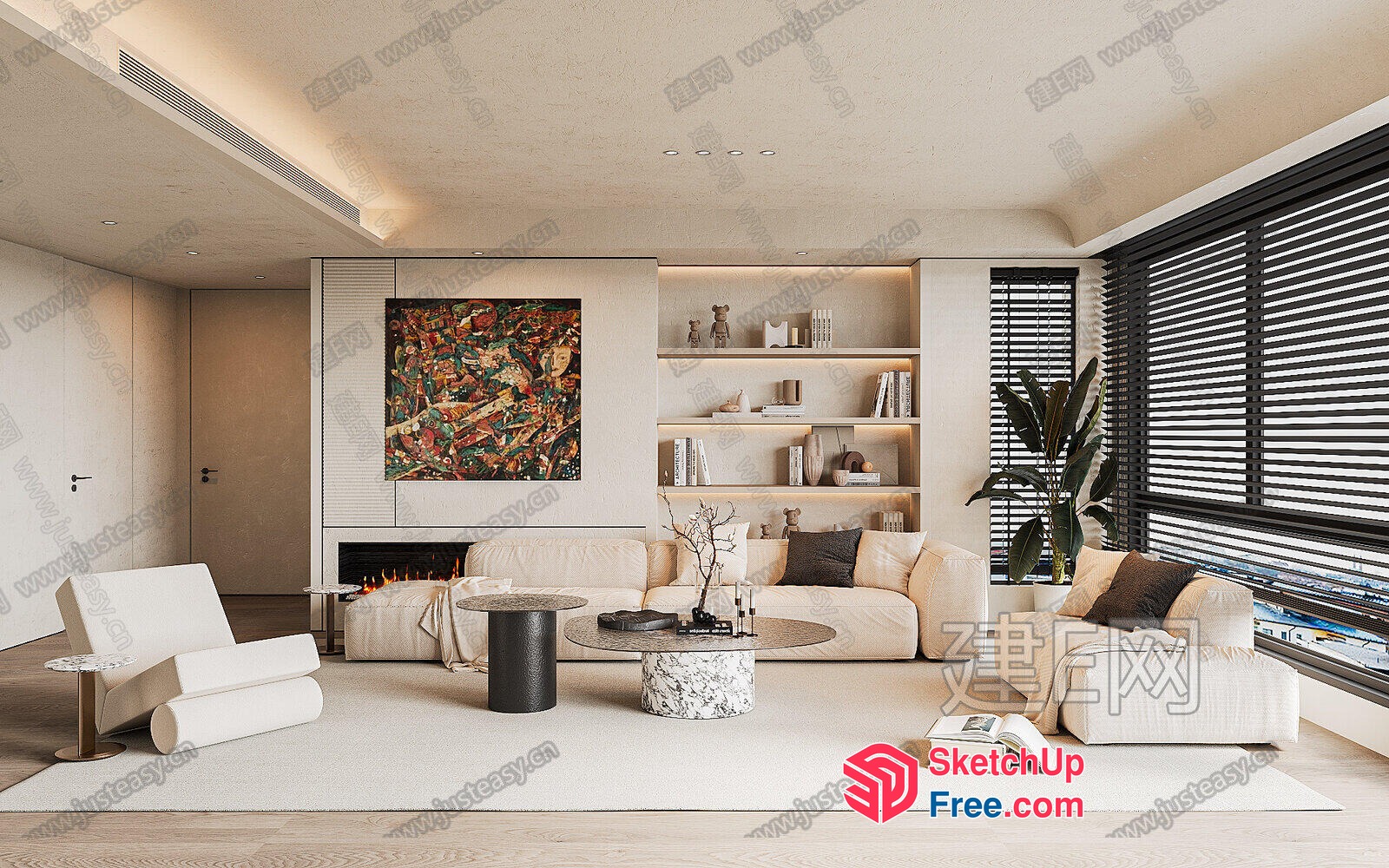 Modern Minimalist Living Room With Creamy Style Sofa 3D SketchUp File