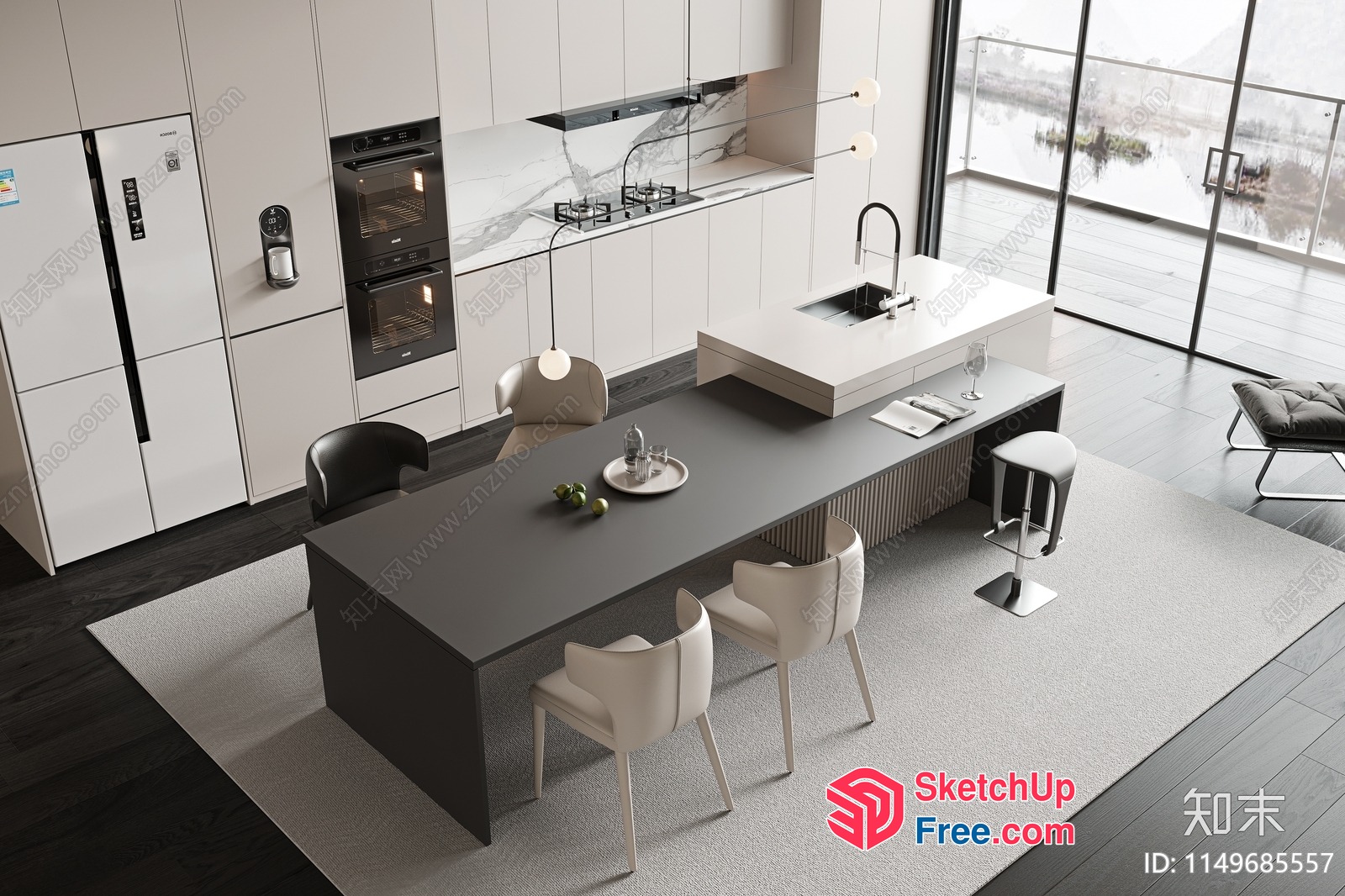 Modern Minimalist Kitchen Dining Room With Large Windows 3D SketchUp File