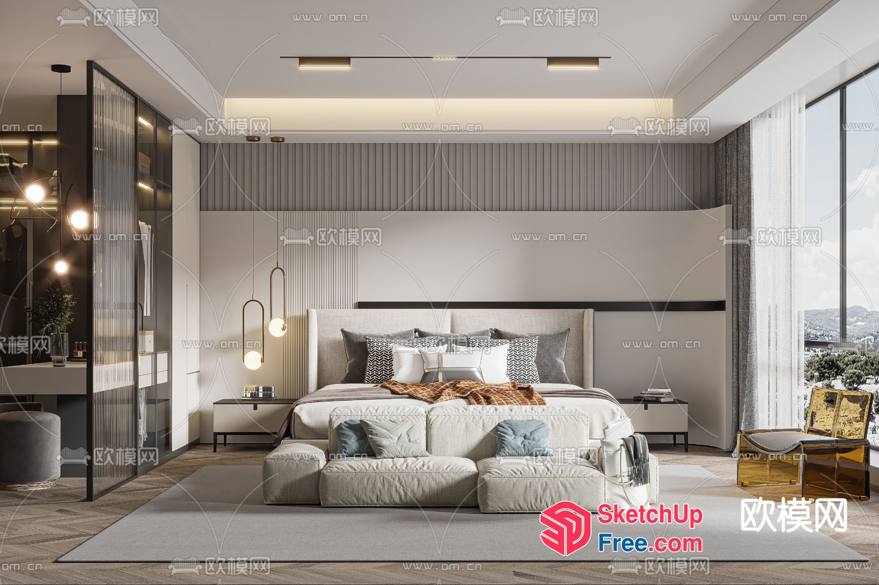 Modern Stylish Bedroom With Elegant Lighting 3D SketchUp File