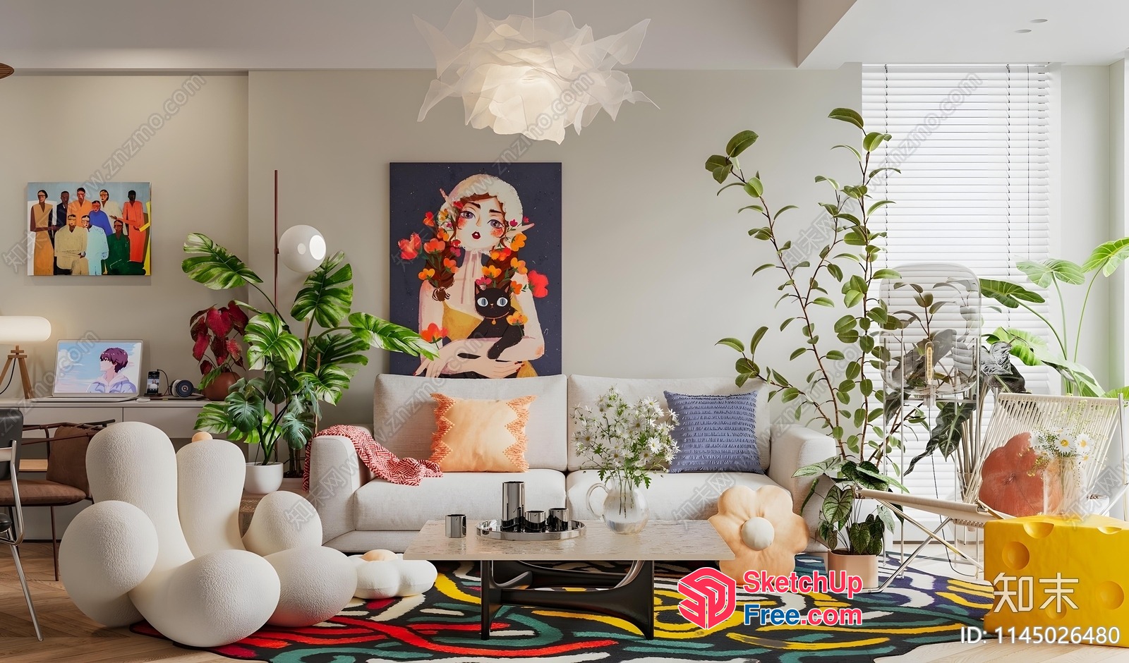 Modern Artistic Living Room With Vibrant Rug 3D SketchUp File