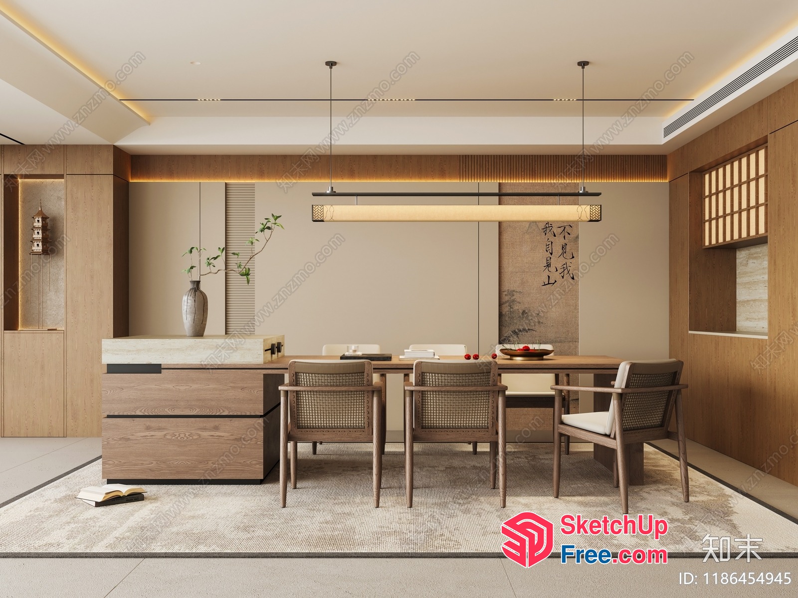 Modern Japanese-Inspired Dining Room With Elegant Lighting 3D SketchUp File