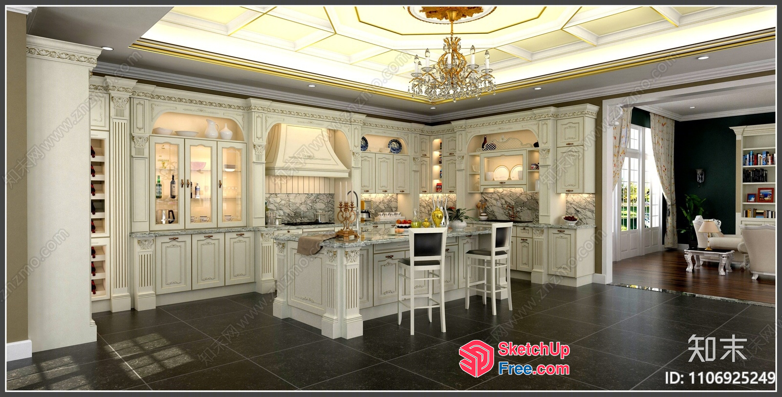 Elegant Creamy Style Kitchen With Marble Countertops 3D SketchUp File