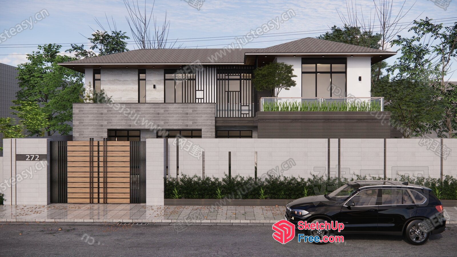 Modern Two-Story Villa With Balcony And Black Suv 3D SketchUp File
