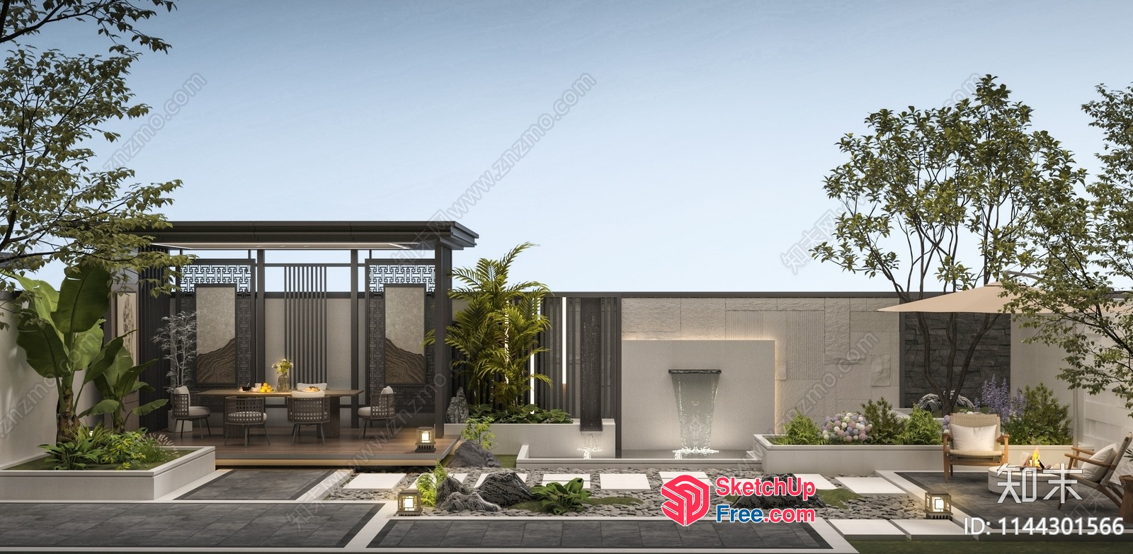 Modern Outdoor Oasis With Water Feature And Seating Area 3D SketchUp File