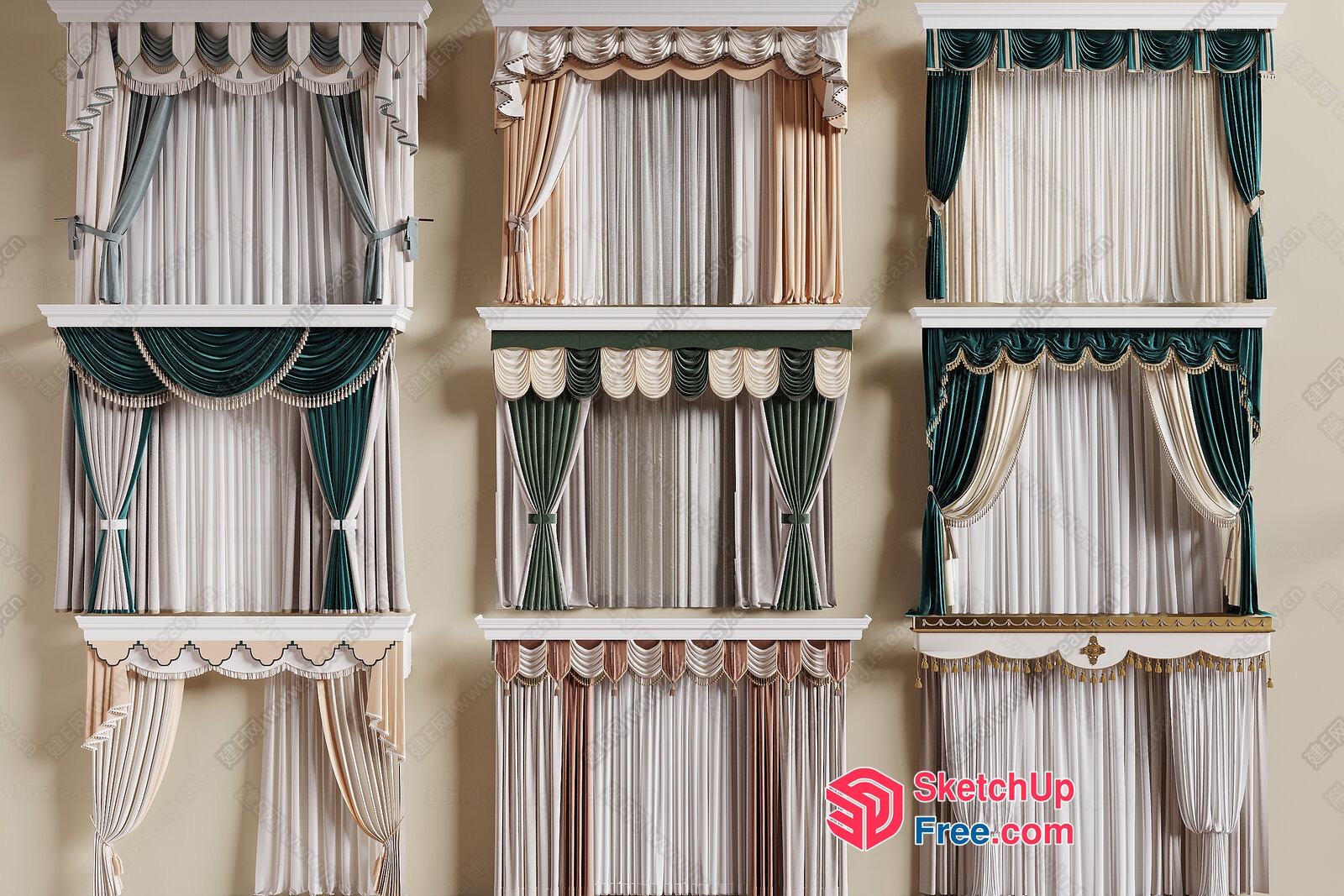 Elegant Window Treatments In Creamy And Green Styles 3D SketchUp File