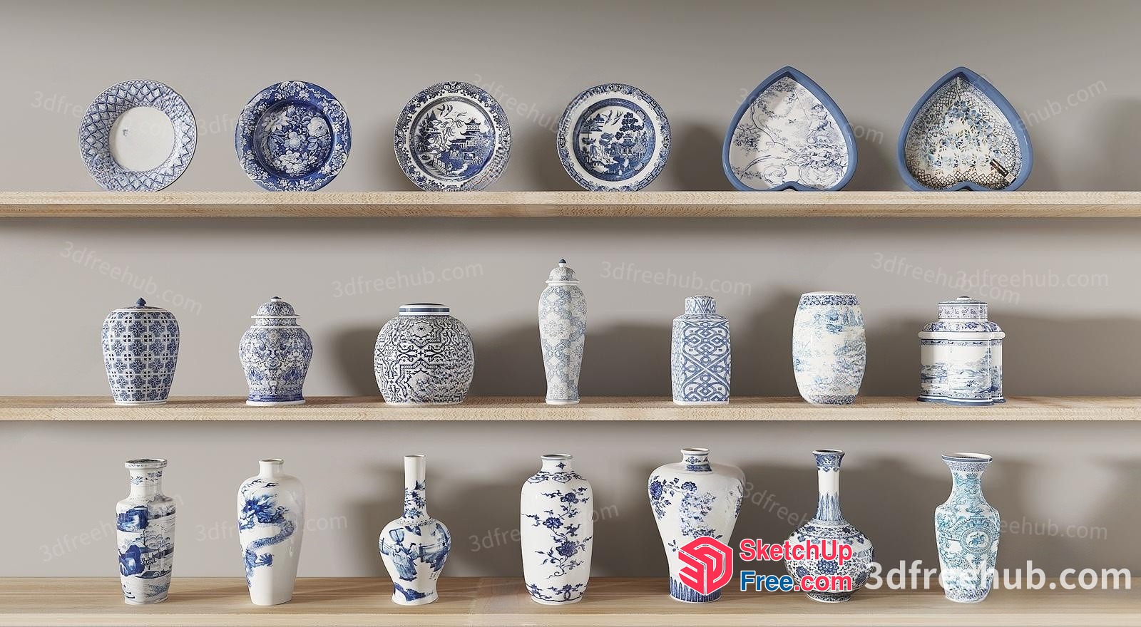 Decorative Blue And White Porcelain On Shelves 3D SketchUp File