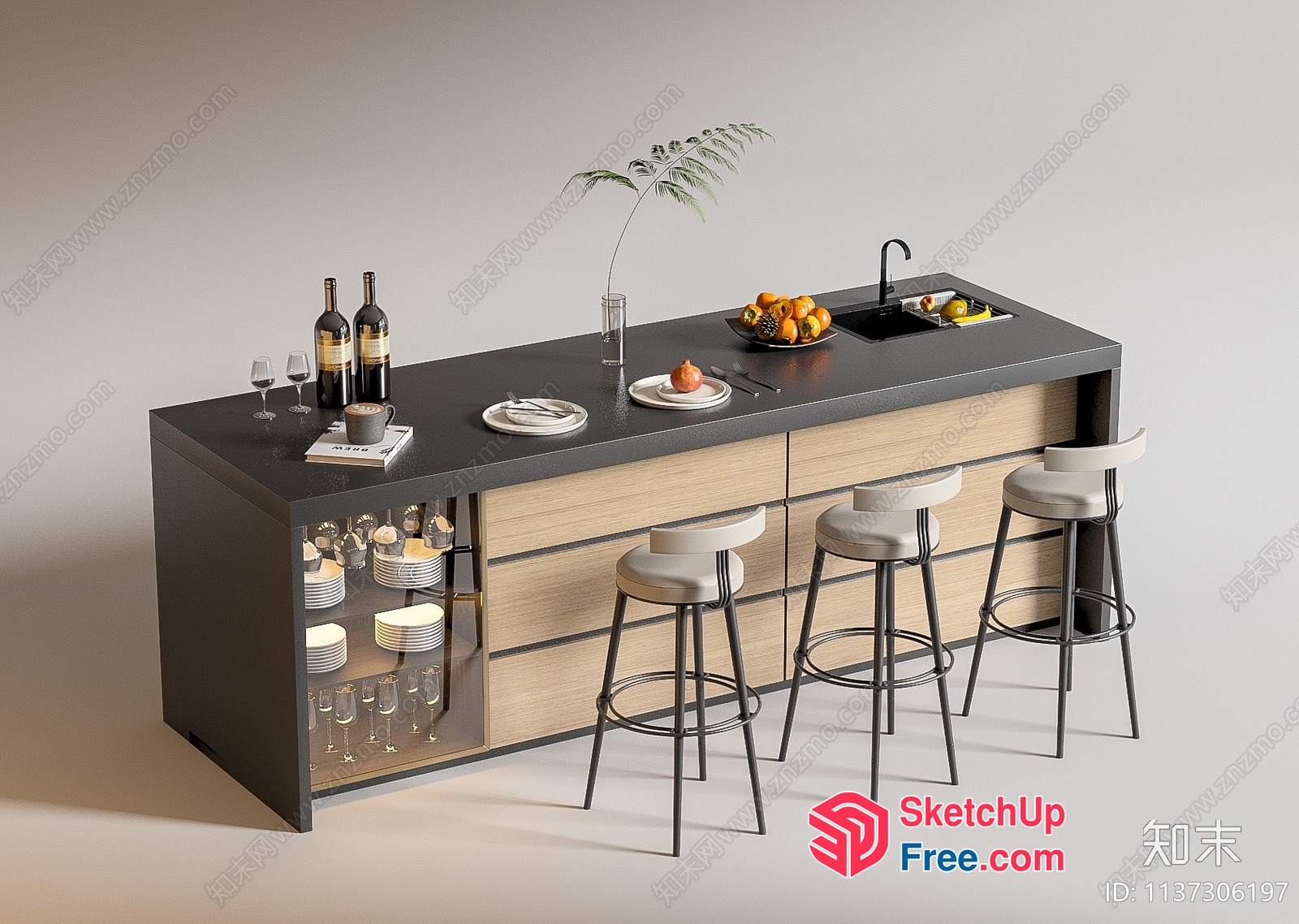 Modern Kitchen Island With Stools And Bar 3D SketchUp File
