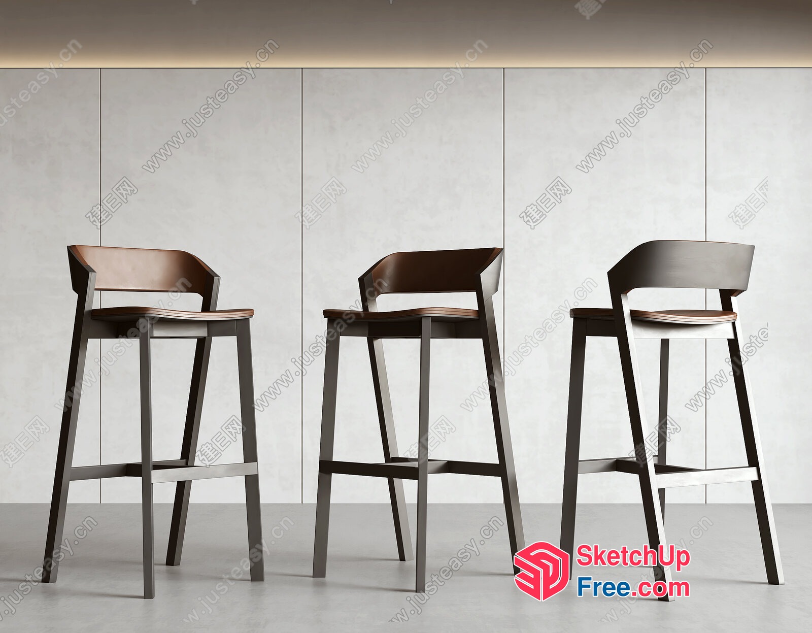 Modern Bar Stools With Wooden Seat And Back 3D SketchUp File