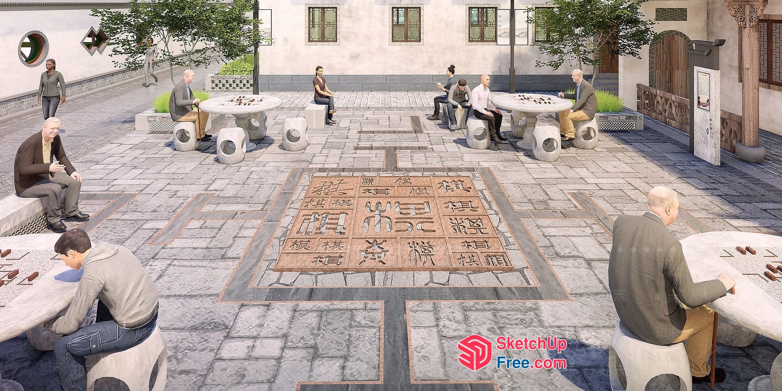 Asian-Inspired Outdoor Seating Area With Carved Stone Tables 3D SketchUp File