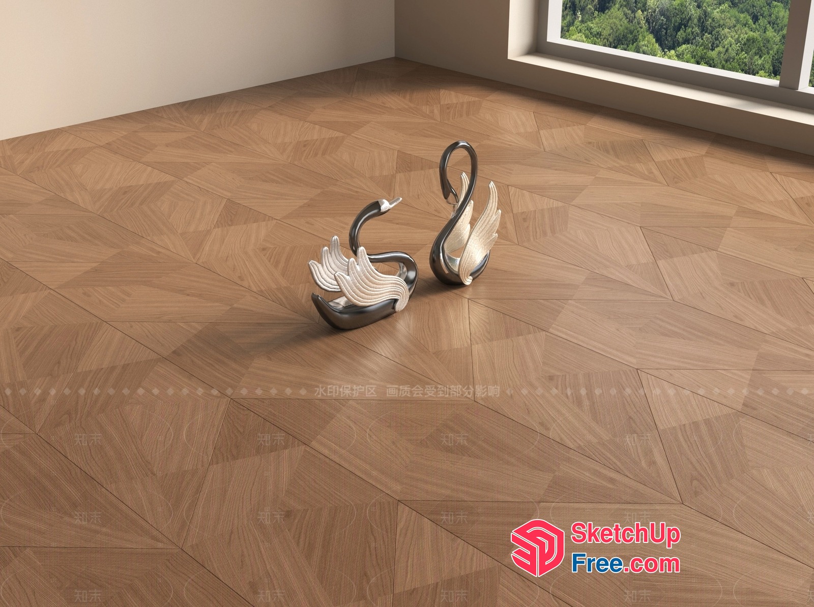 Decorative Swans On Wooden Herringbone Floor 3D SketchUp File