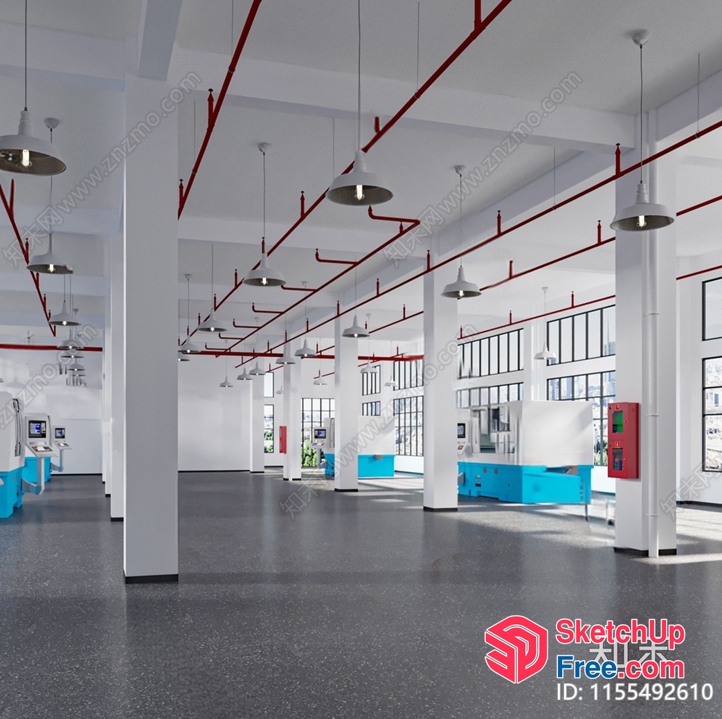 Spacious Industrial Interior With Red Pipe Details 3D SketchUp File