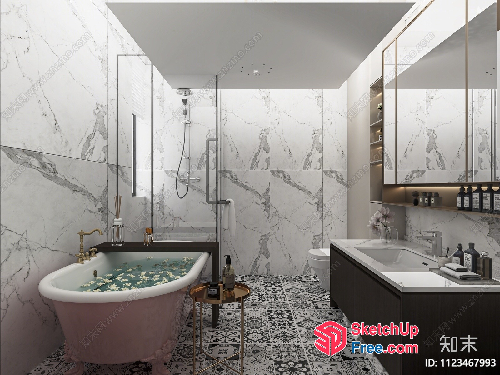 Lavish Modern Bathroom With Pink Clawfoot Tub 3D SketchUp File