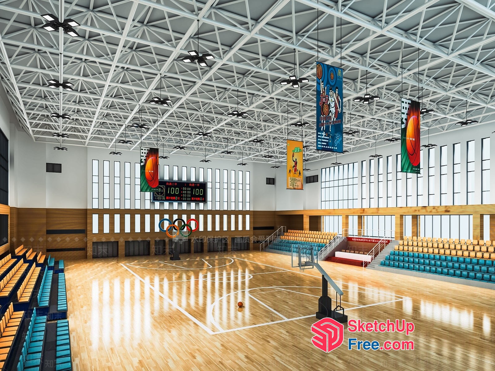Large Indoor Basketball Court With Olympic Rings And Scoreboard 3D SketchUp File