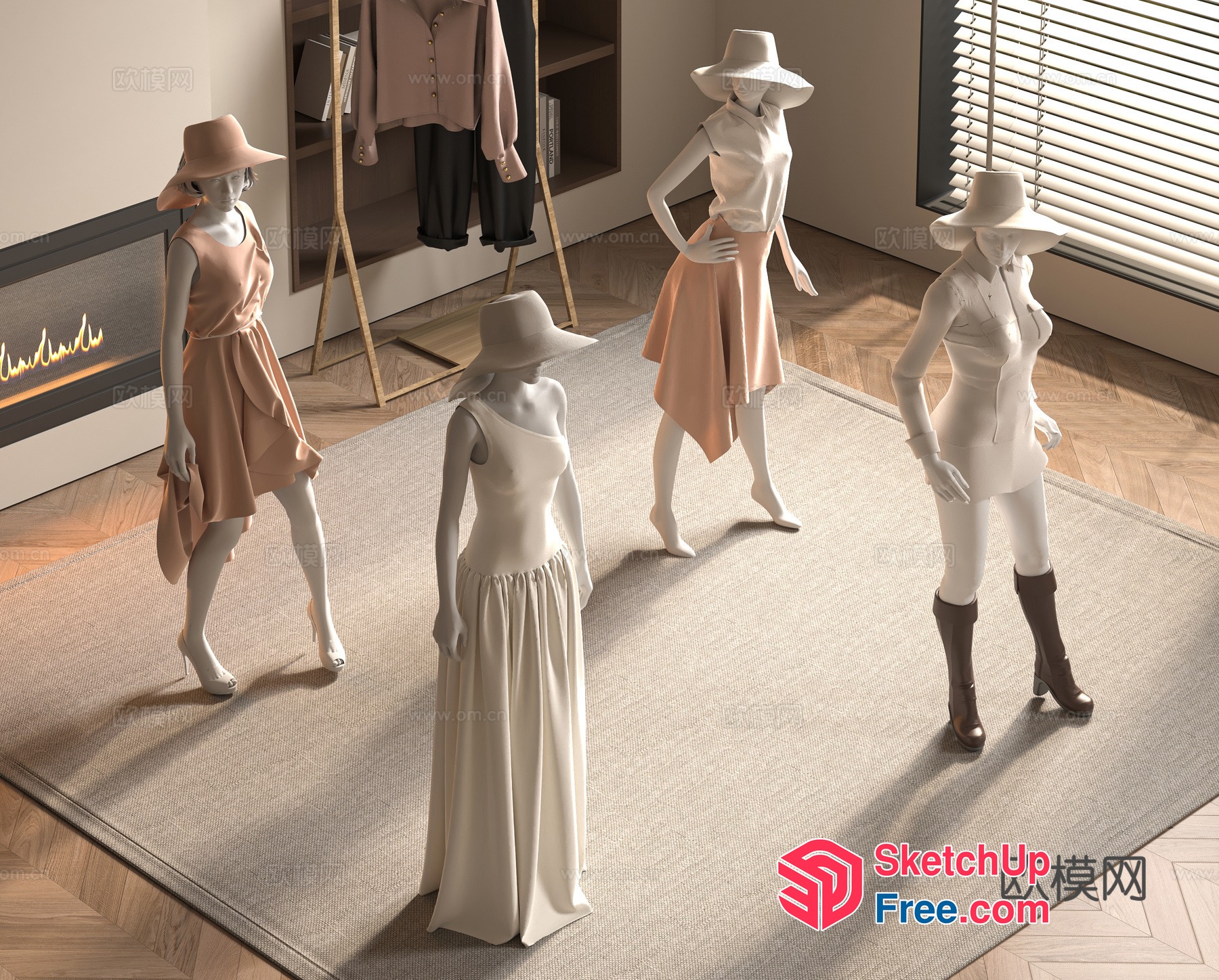 Four White Mannequins In Elegant Attire 3D SketchUp File