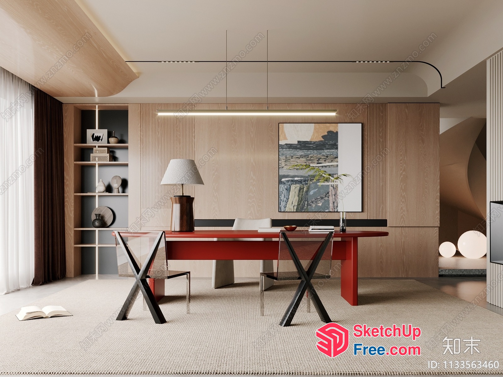 Modern Minimalist Office Space With Red Desk And White Chairs 3D SketchUp File