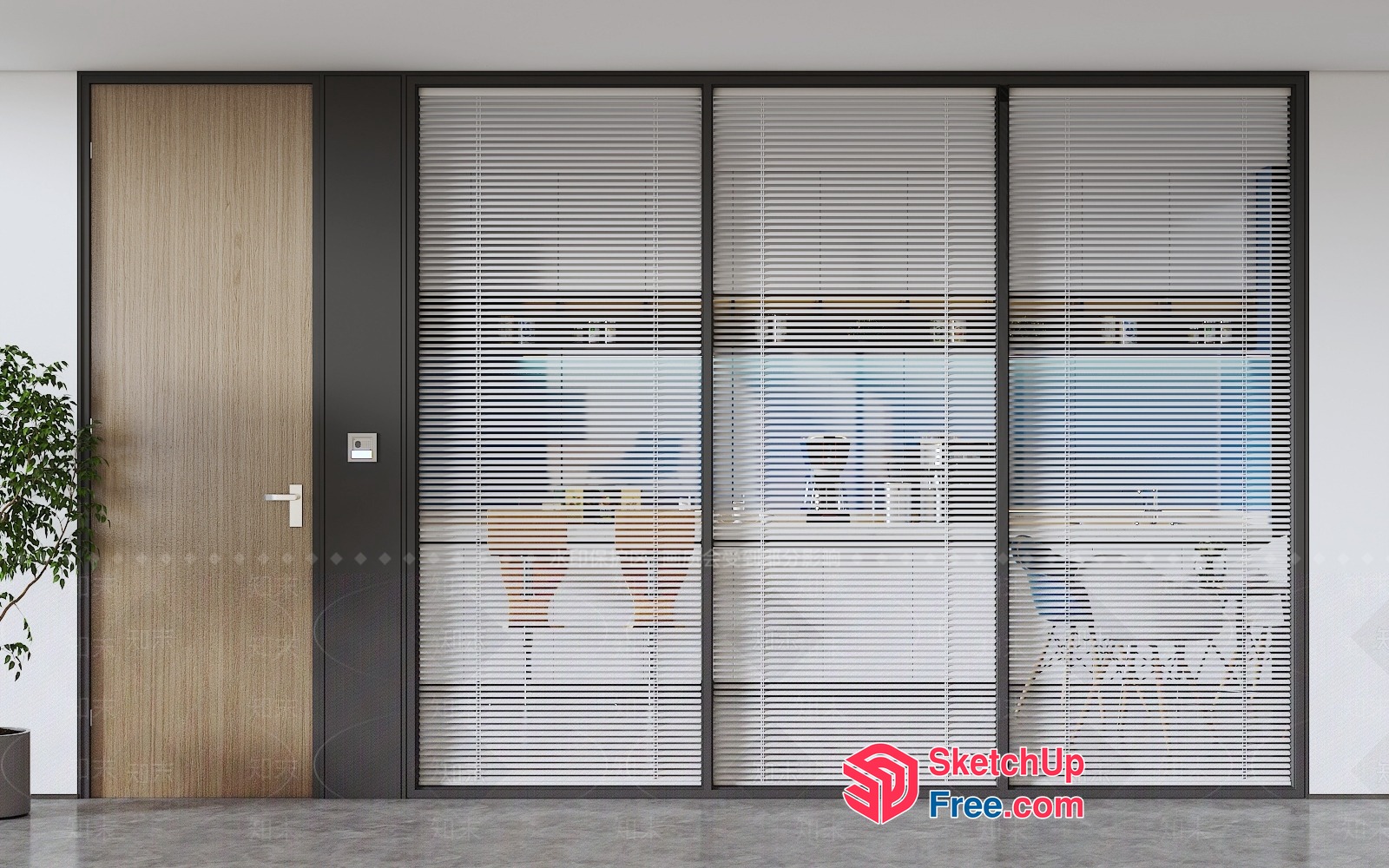 Modern Sliding Door With Blinds And Wood Panel 3D SketchUp File