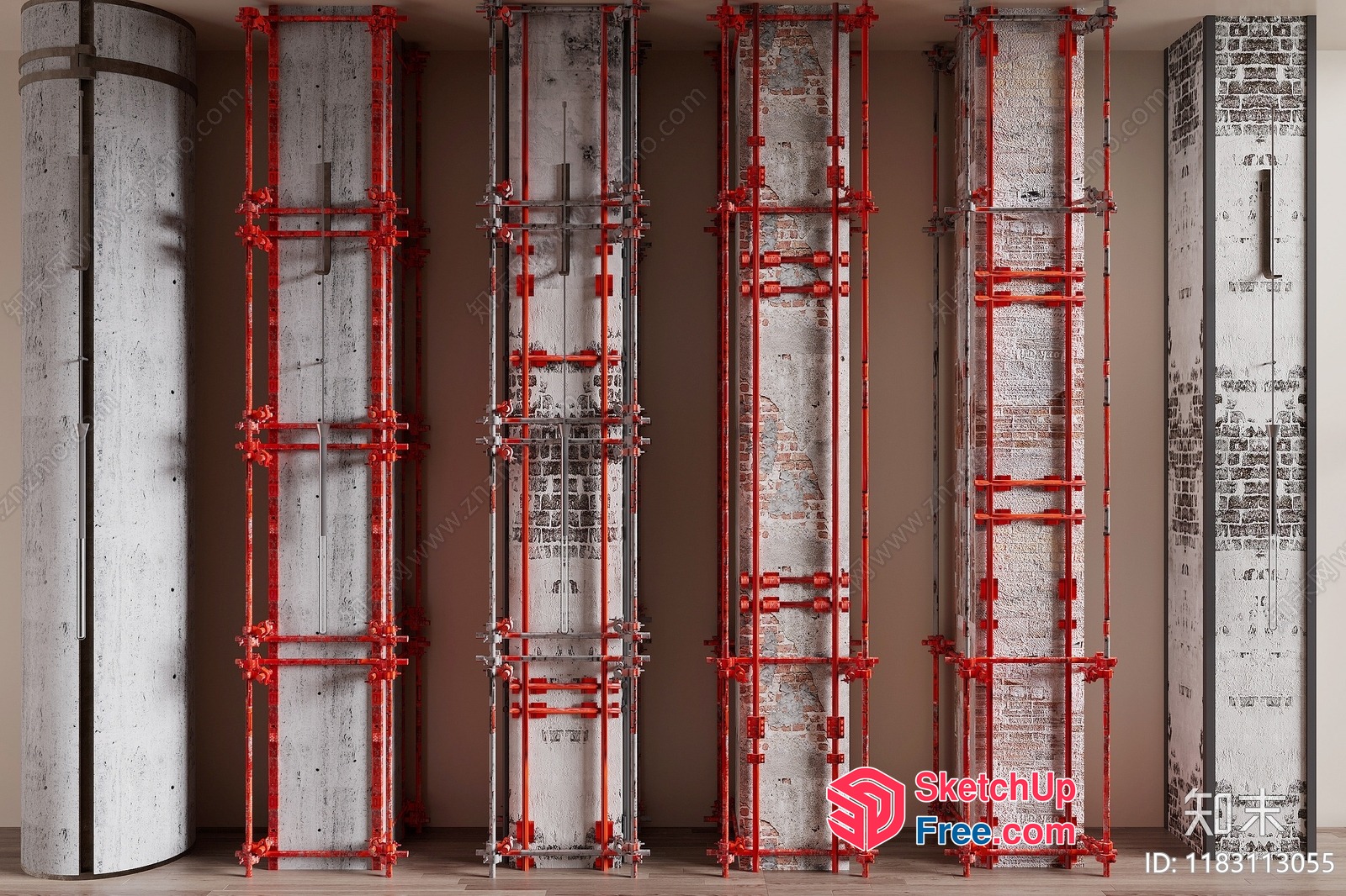 Pillars With Red And Grey Metal Supports 3D SketchUp File