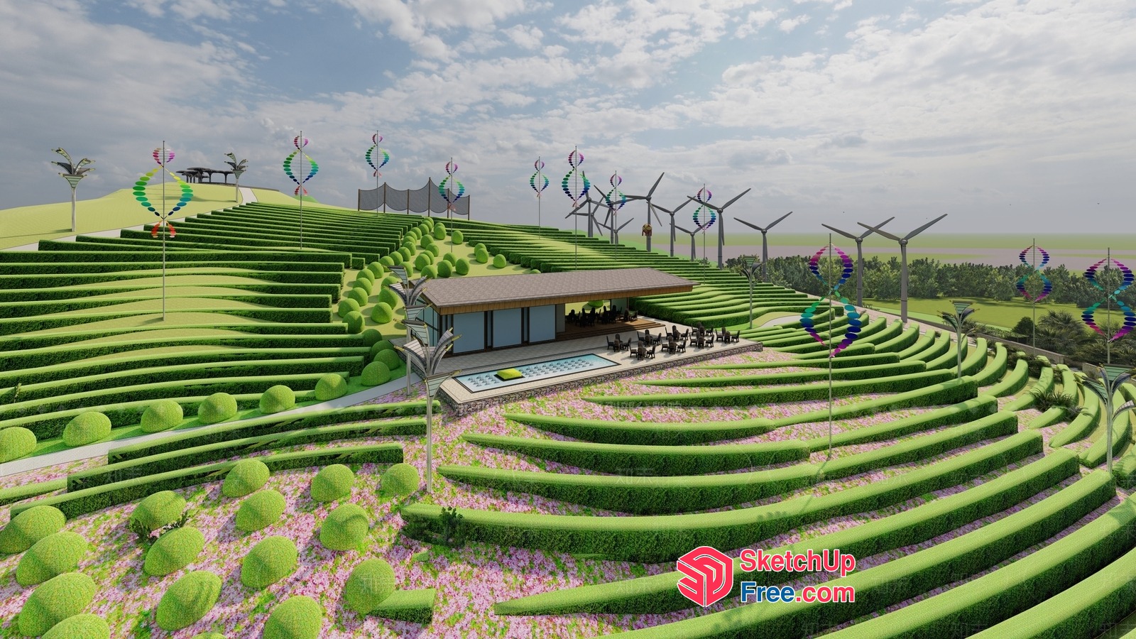 Serene Landscape With Lush Greenery And Modern Architecture 3D SketchUp File