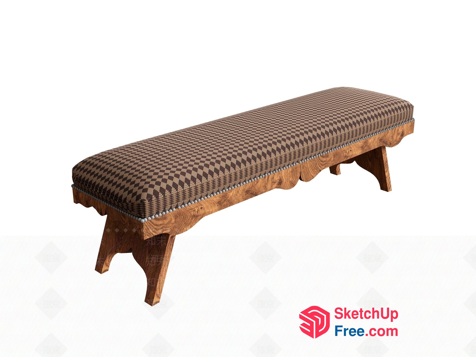 Ornate Wooden Bench With Checkered Cushion 3D SketchUp File