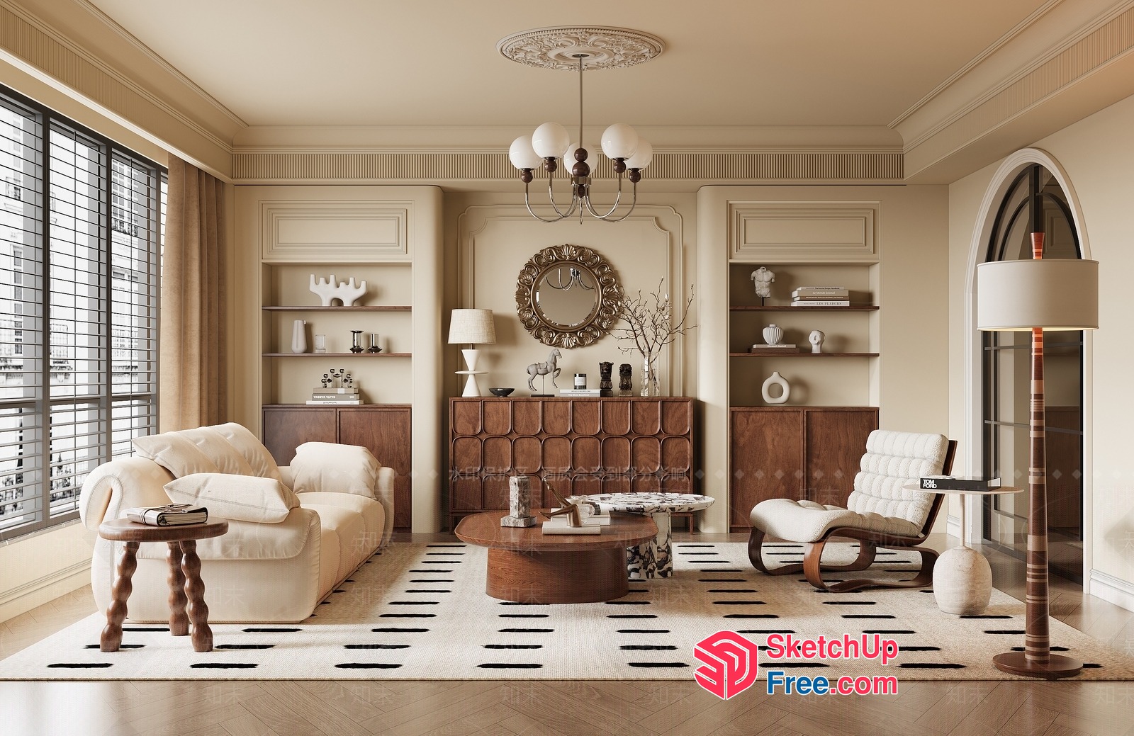 Elegant Living Room With Creamy Style And Wood Accents 3D SketchUp File