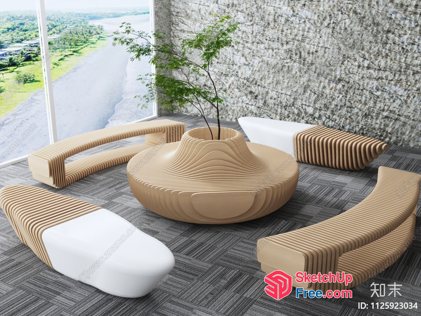 Modern Japanese-Inspired Curved Furniture Arrangement 3D SketchUp File