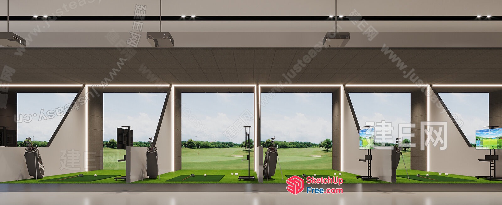 Golf Practice Room With Green Grass And White Walls 3D SketchUp File