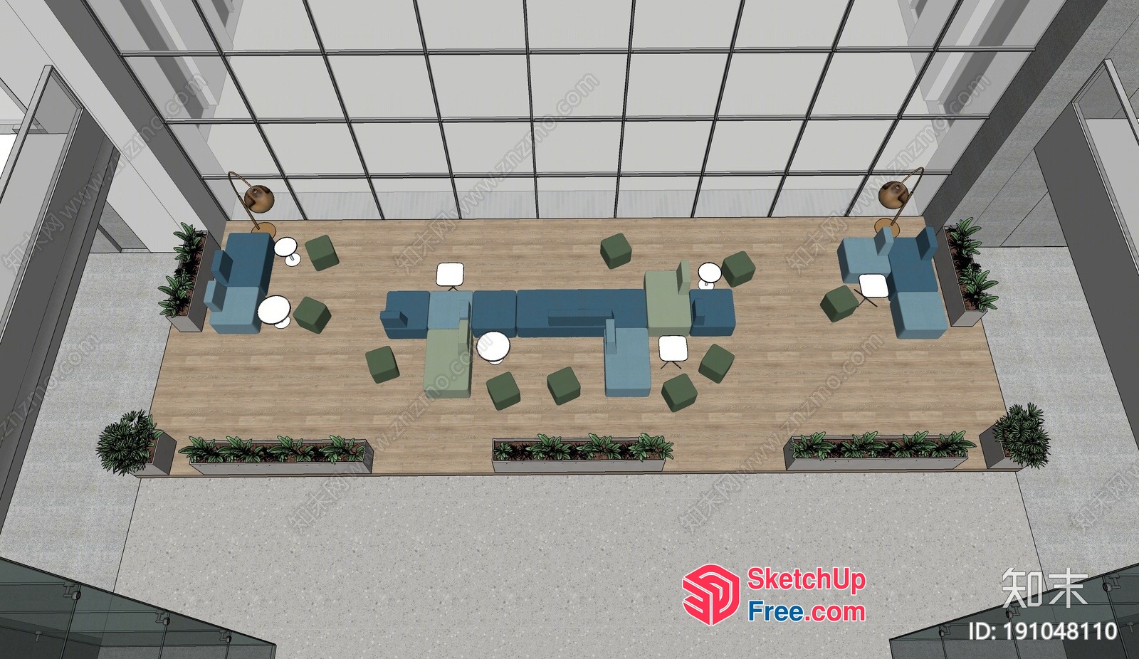 Modern Office Lobby With Glass Curtain Wall And Wooden Floor 3D SketchUp File