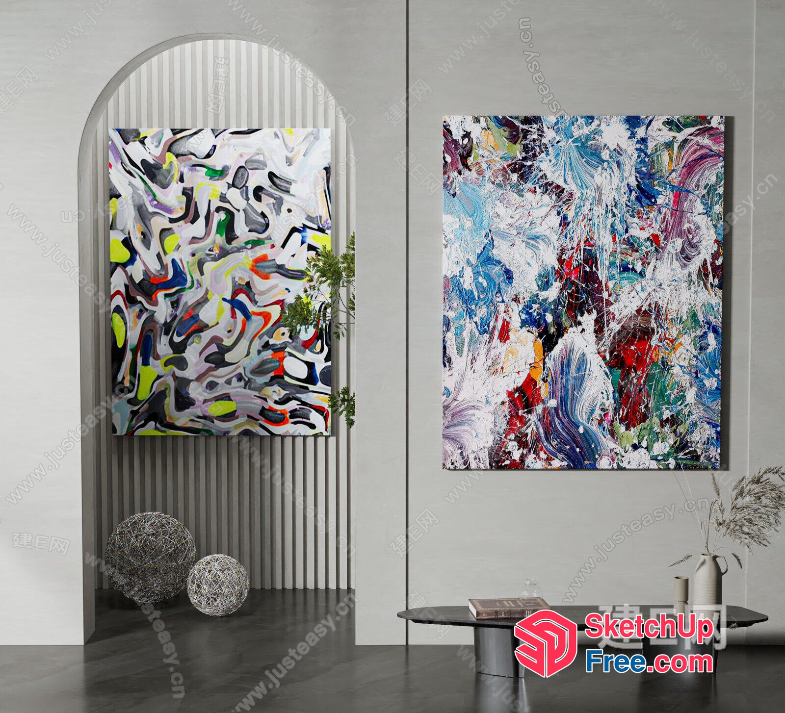 Colorful Abstract Artwork On White Walls 3D SketchUp File