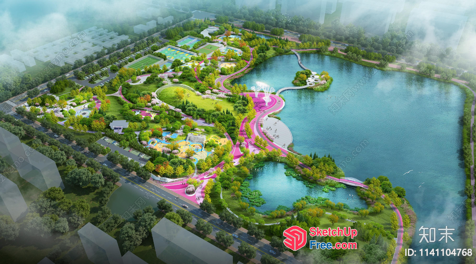 Aerial View Of A Serene Park With A Large Lake 3D SketchUp File