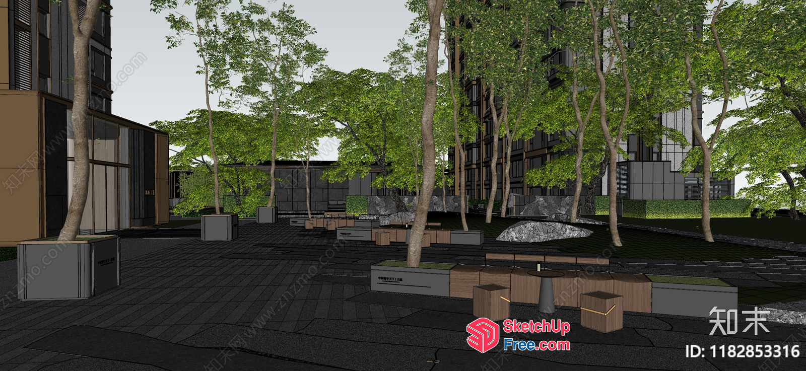3D Rendering Of Modern Office Building Exterior With Trees And Benches 3D SketchUp File