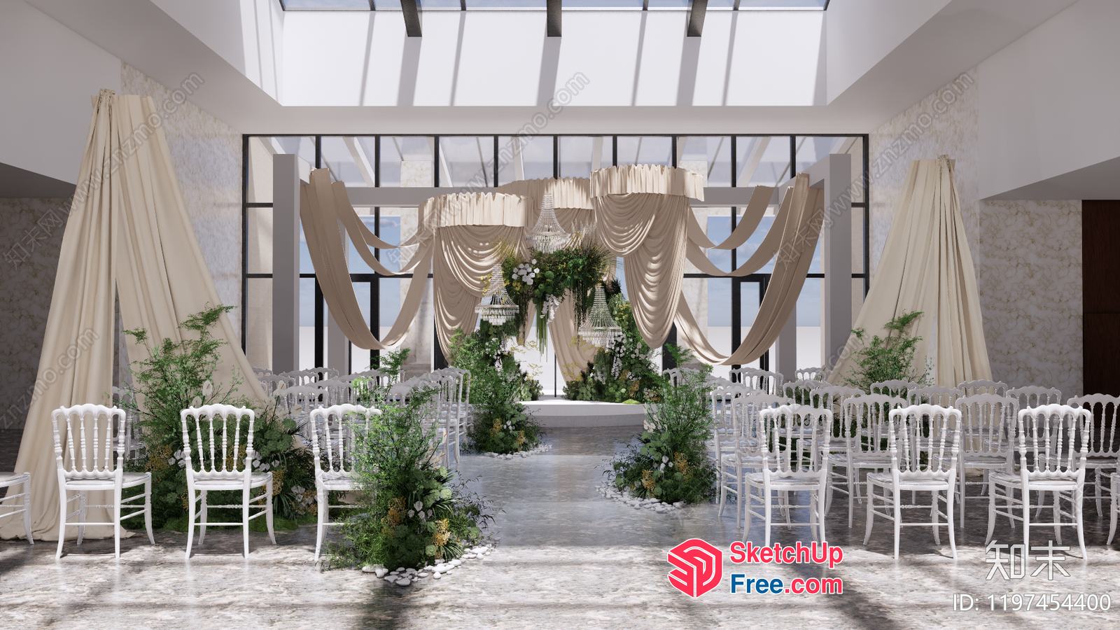 Elegant Wedding Venue With White Chairs And Greenery 3D SketchUp File