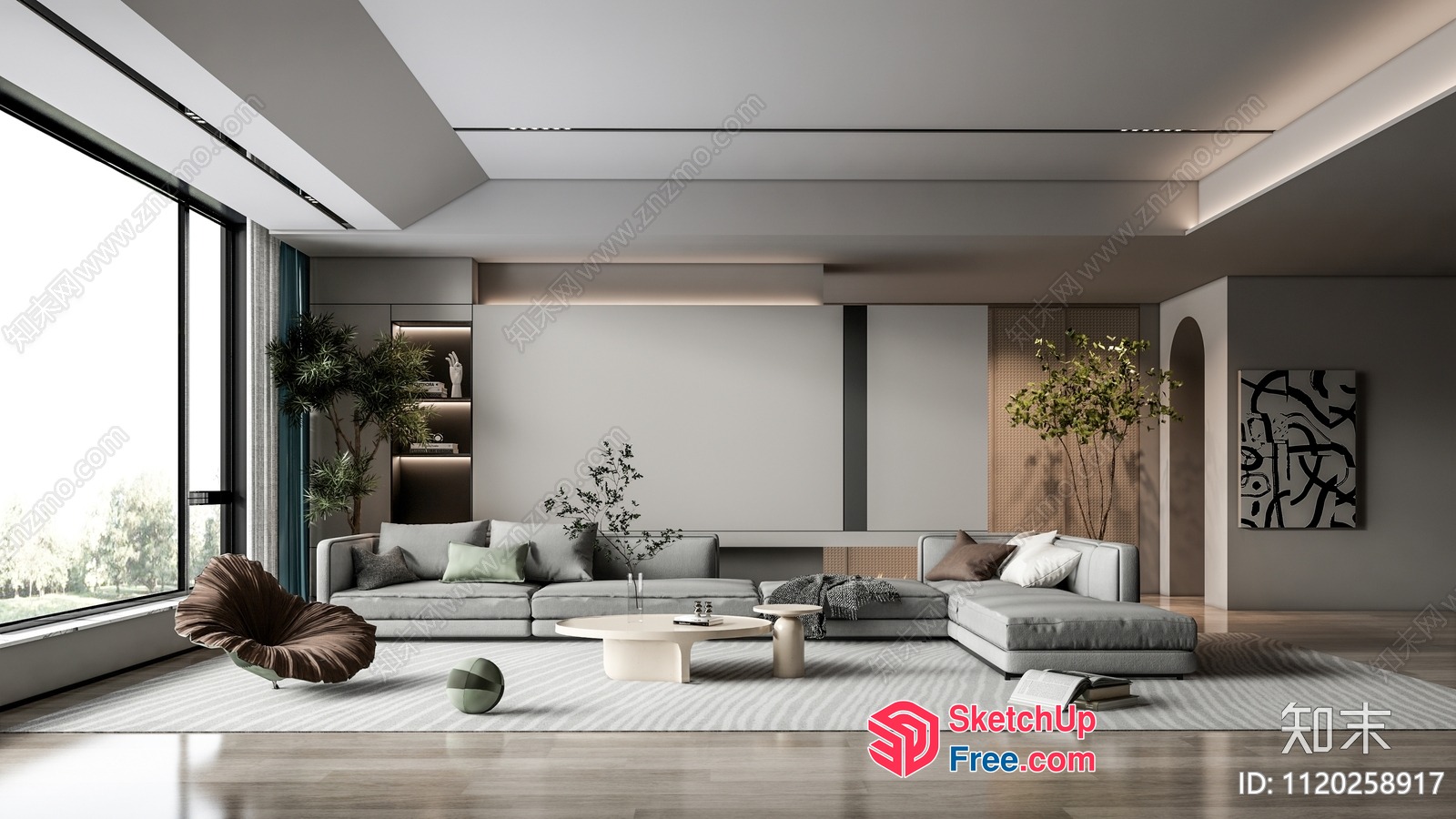 Modern Living Room With Large Windows And Grey Sofa 3D SketchUp File