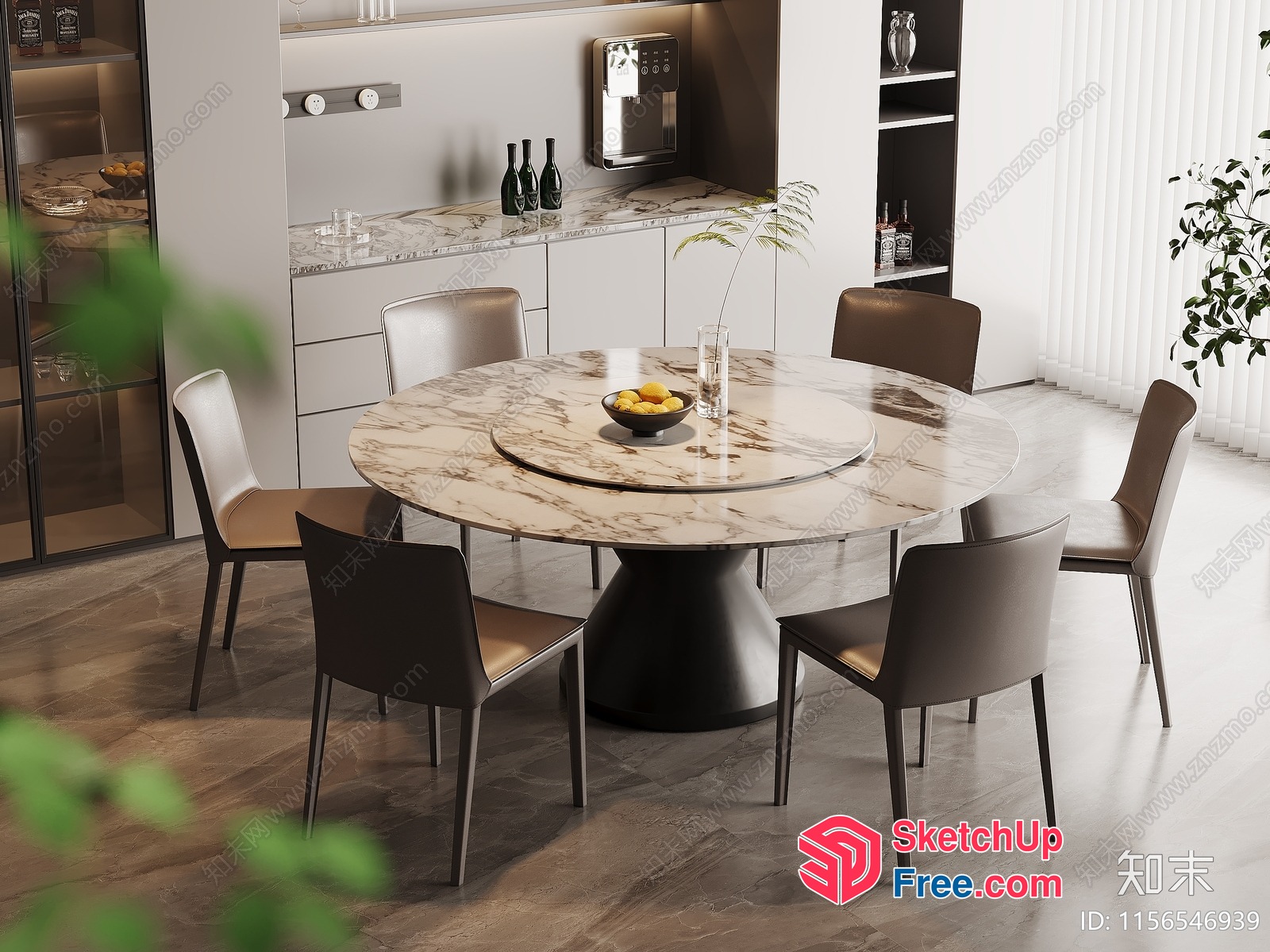 Modern Round Dining Table With Marble Top And Brown Chairs 3D SketchUp File