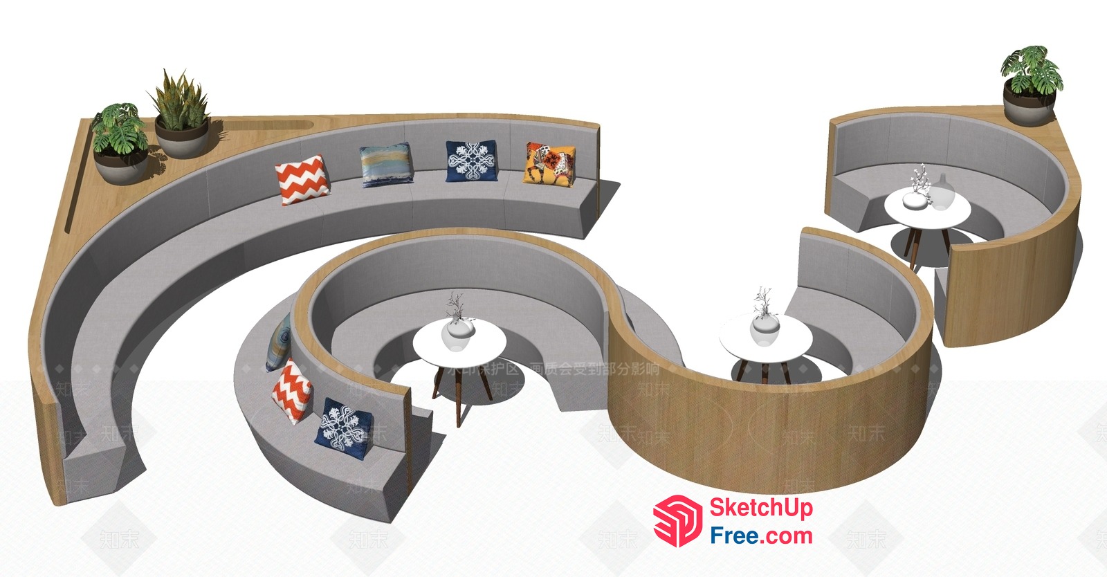 Modern Curved Seating Area With Plants And Tables 3D SketchUp File