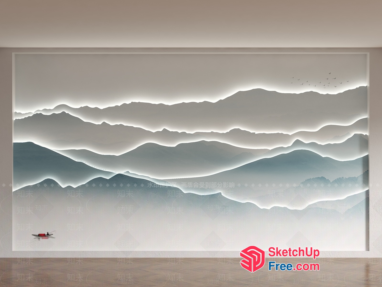 Serene Mountain Landscape Wall Mural 3D SketchUp File