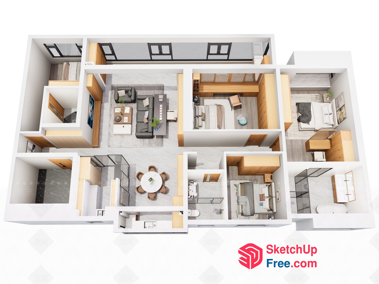 Modern Apartment Floor Plan With Neutral Color Scheme 3D SketchUp File