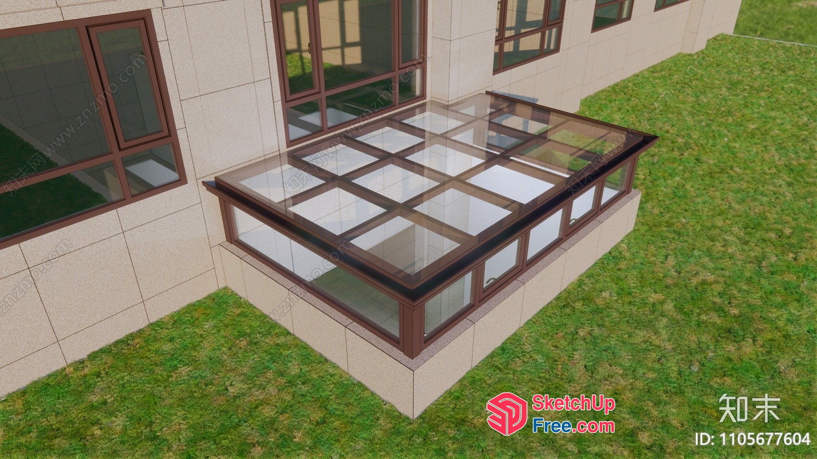 Glass Roof Patio With Brown Frame And Green Grass 3D SketchUp File