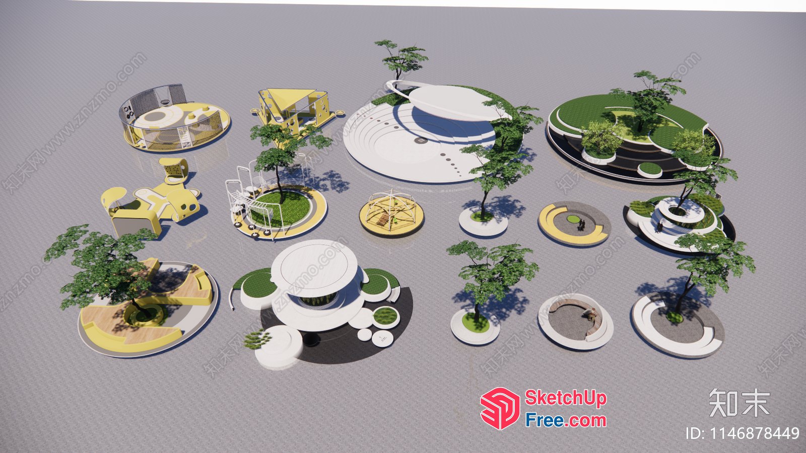 Modern Outdoor Space With Circular Elements And Greenery 3D SketchUp File