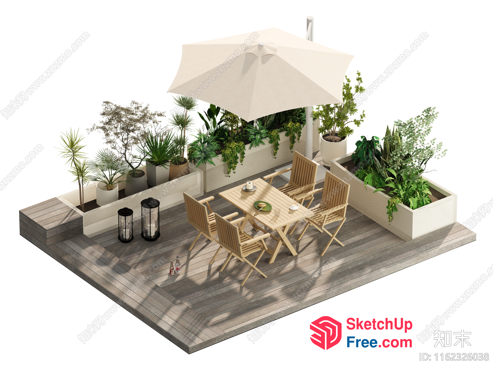 Outdoor Dining Area With Potted Plants And Wooden Furniture 3D SketchUp File