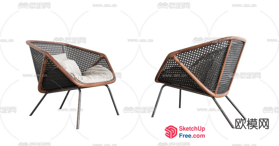 Modern Minimalist Armchair With Wooden Frame And Metal Legs 3D SketchUp File