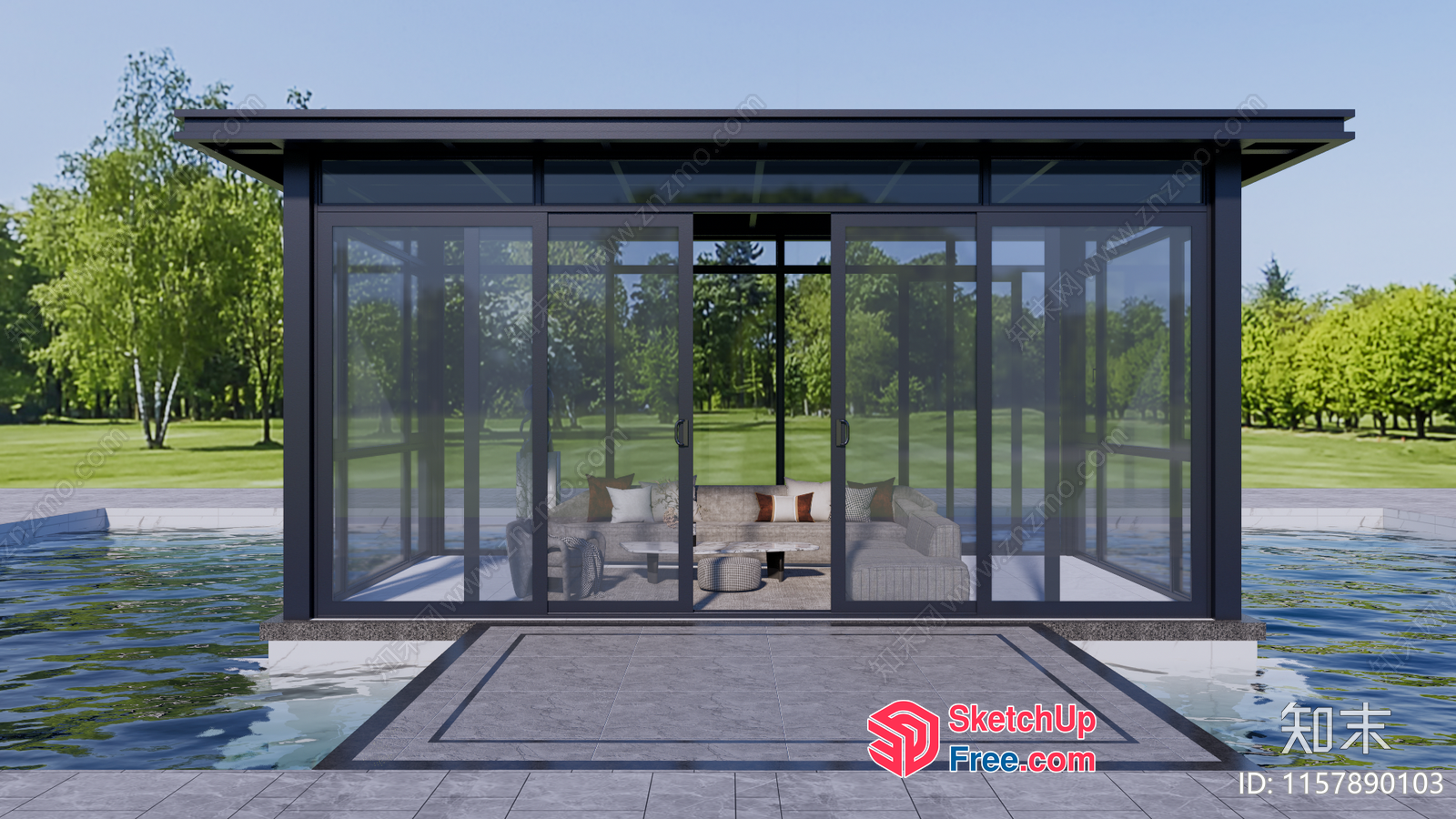 Modern Glass House With A Living Room Interior 3D SketchUp File