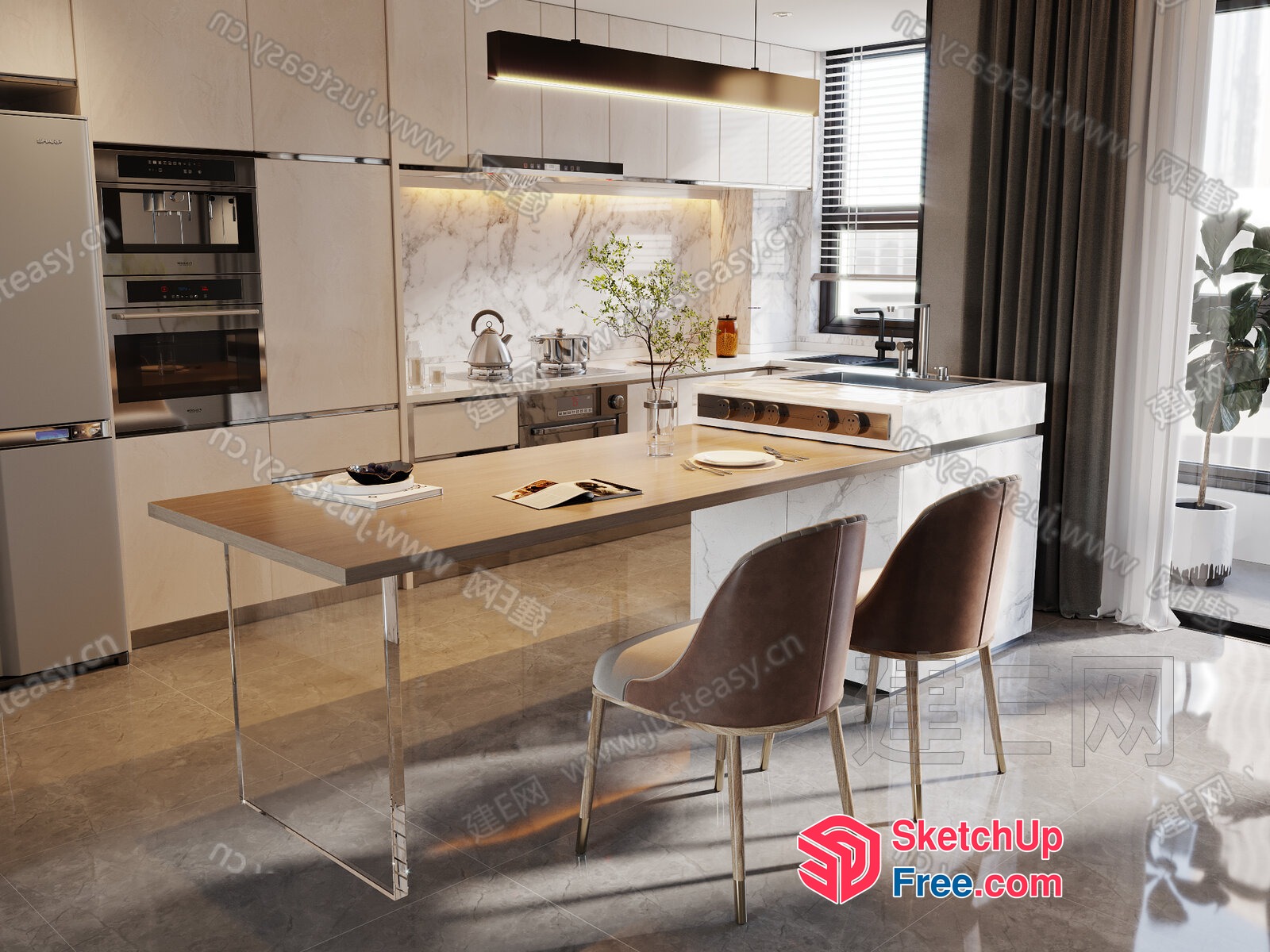 Modern Kitchen Interior With Sleek Dining Table 3D SketchUp File