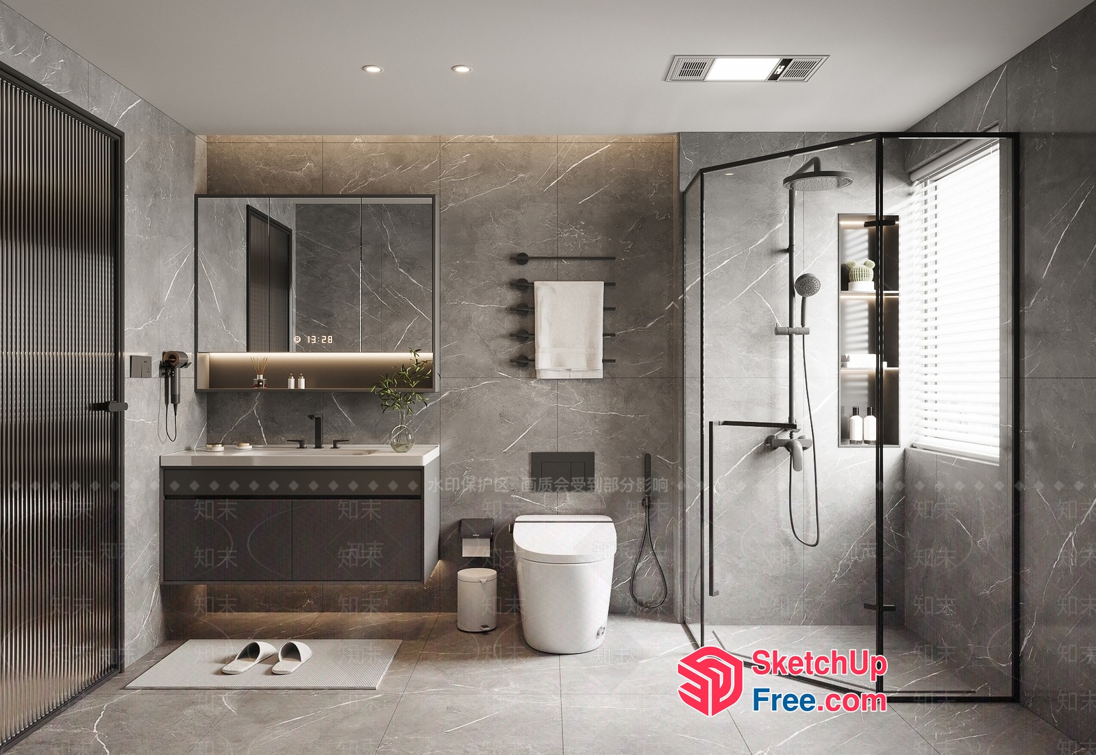 Modern Bathroom With Grey Marble And White Fixtures 3D SketchUp File