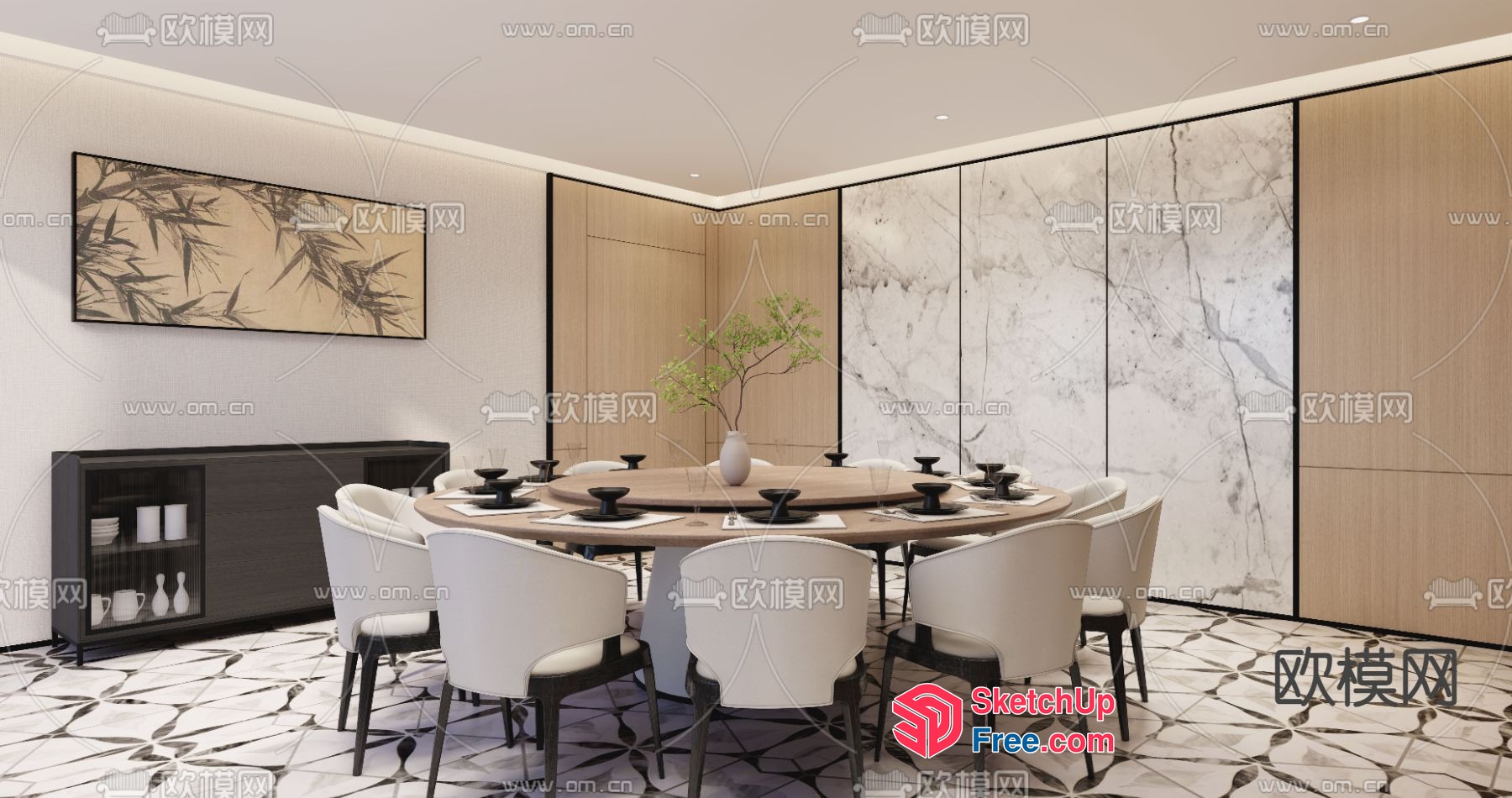 Modern Dining Room With Marble Accent 3D SketchUp File
