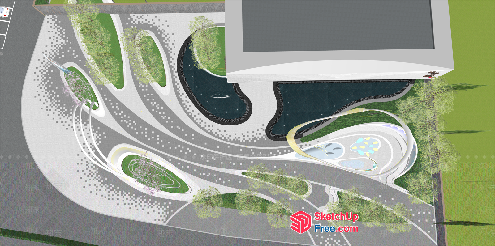 Modern Commercial Street Design With Curved Roadway And Green Spaces 3D SketchUp File